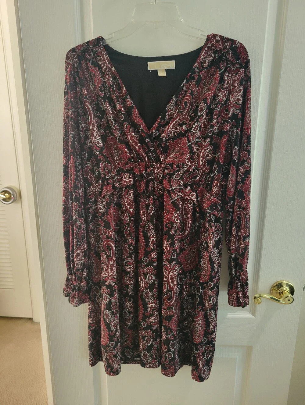 Michael Kors Women L Paisley V-Neck Long Ruffle Sleeve Empire Waist Dress Boho